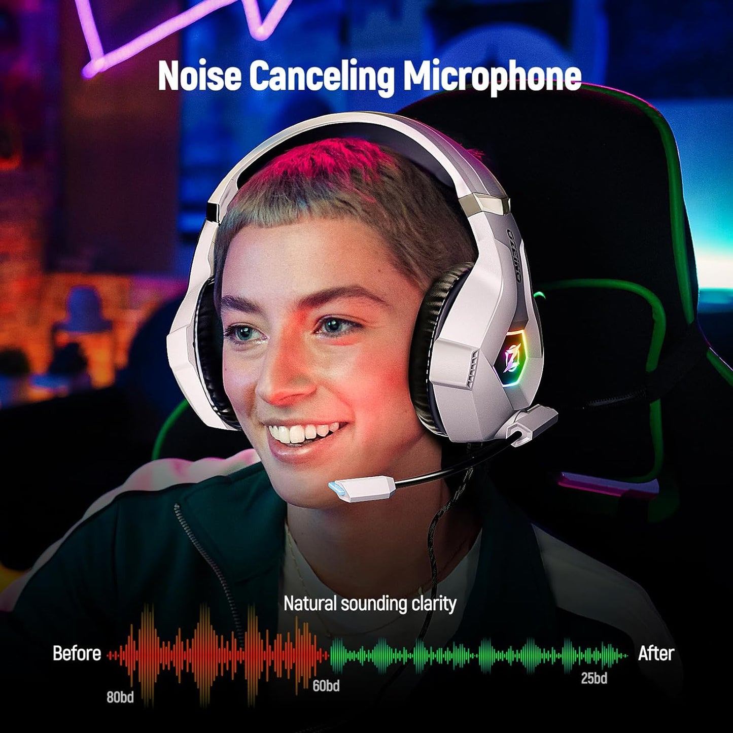 Ultimate Gaming Headset for PC, PS4, PS5 - Stereo Sound, Noise Cancelling Mic, Soft Memory Earmuffs, LED Lights - Compatible with Xbox Series X/S, Switch, Laptop, Mac-WHITE