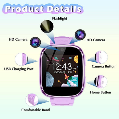 Smart Watch for Kids 4-12 Years Old with 1.54" Touch Screen, 15 Games, best for Birthday Gift (Purple)