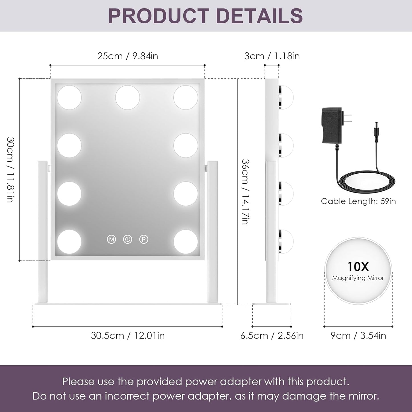 Lighted Vanity Makeup Mirror 14x12" with 9 Bulbs, Touch Control, 3 Color Modes