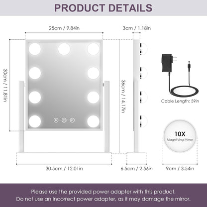 Lighted Vanity Makeup Mirror 14x12" with 9 Bulbs, Touch Control, 3 Color Modes