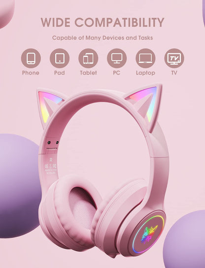 Bluetooth Cat Ear Headphones for Kids - Foldable, LED Lights, 85dB Volume (Pink)