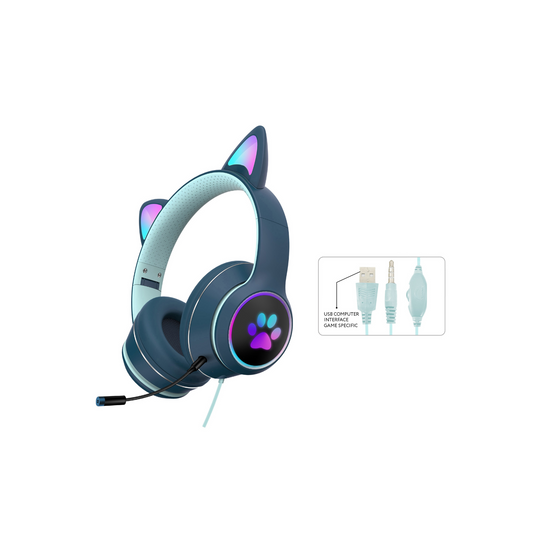 RGB Luminous Cat LED Gaming Headset - Multi-Platform Wired with Noise Reduction (Emerald Green)