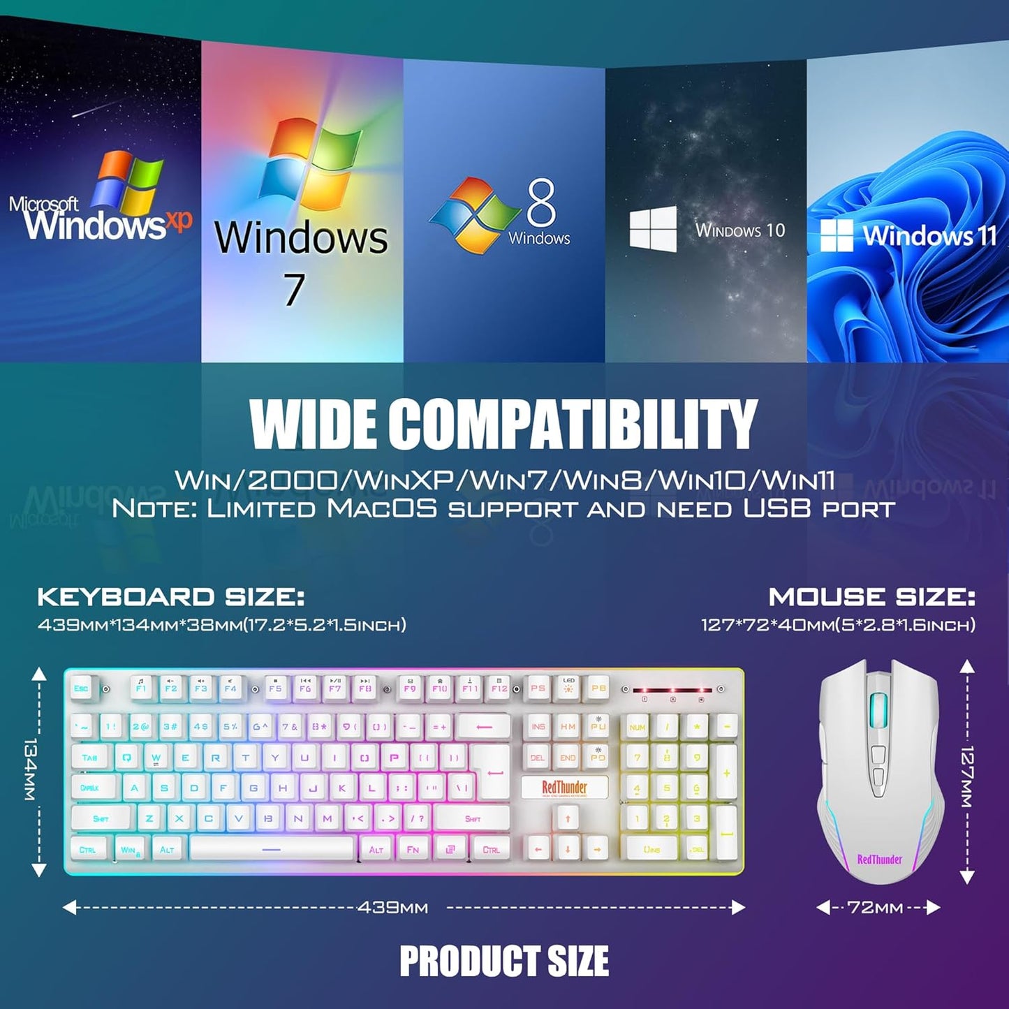 K10 Wireless Gaming Keyboard and Mouse Combo – LED Backlit, Rechargeable 3800mAh, Anti-Ghosting Keyboard + 7D 3200DPI Mouse for PC Gaming (White)