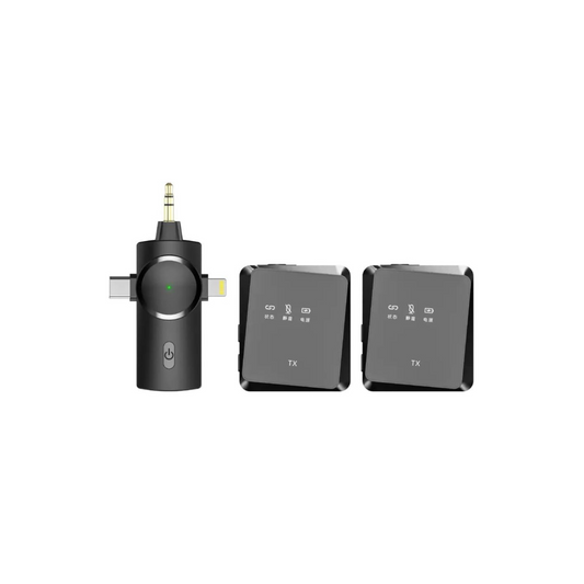 Wireless Lavalier Microphone - 2.4G, 50M Range, 3-in-1 Interface for iPhone/iPad/Laptop (2 Mics)