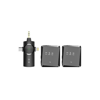 Wireless Lavalier Microphone - 2.4G, 50M Range, 3-in-1 Interface for iPhone/iPad/Laptop (2 Mics)
