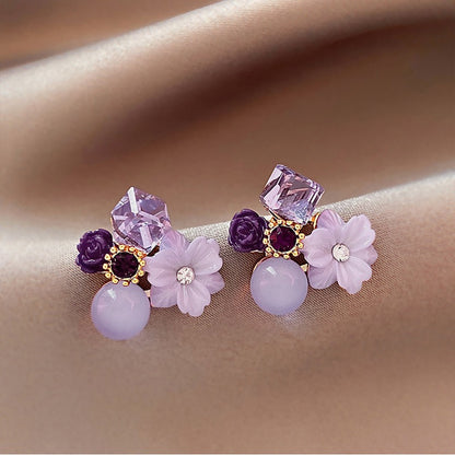 Purple crystal retro flower earrings niche design noble temperament earrings