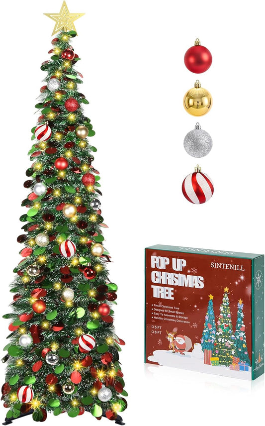 5FT Pop Up Christmas Tree with Timer LED Lights, 24 Ornaments & Star Topper  –  Collapsible Tinsel Pencil Tree for Home or Office