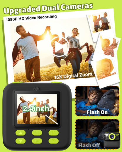 Kids Instant Print Camera, Digital Photo & HD Video, Fun Gift for Girls Boys 3-12 (Black)