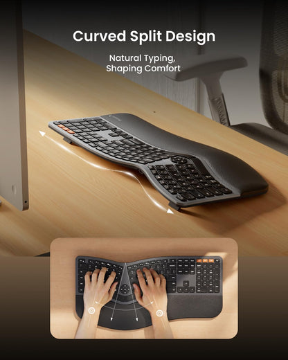 EK01 Plus Wireless Ergonomic Keyboard with Backlight, Split Design, Wrist Rest, USB-C Rechargeable, Multi-Device Bluetooth & USB