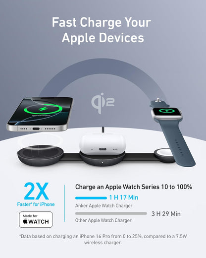 Anker MagSafe Compatible MagGo UFO 3-in-1, 15W Qi2 Certified, Foldable Travel Charging Pad, for iPhone 17/16/15/14, AirPods, Apple Watch