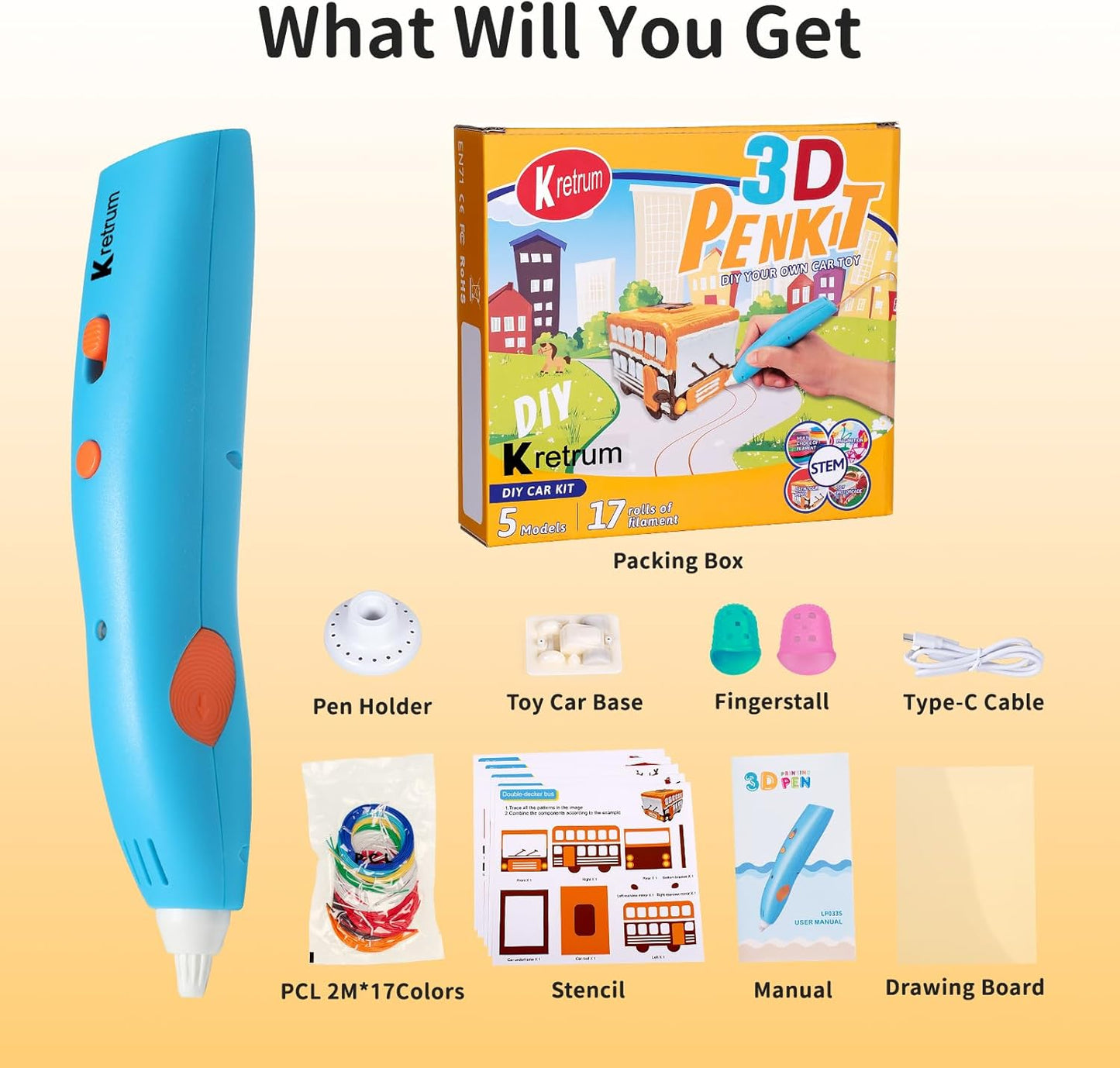 Low Temperature 3D Printing Pen Kit with Cute Shape Wireless 3D Pen, 17 Color 1.75mm PCL Filament, Car Stencil and Fun Small Car Toy Base Crayon 3D Stylo 3D (Blue)