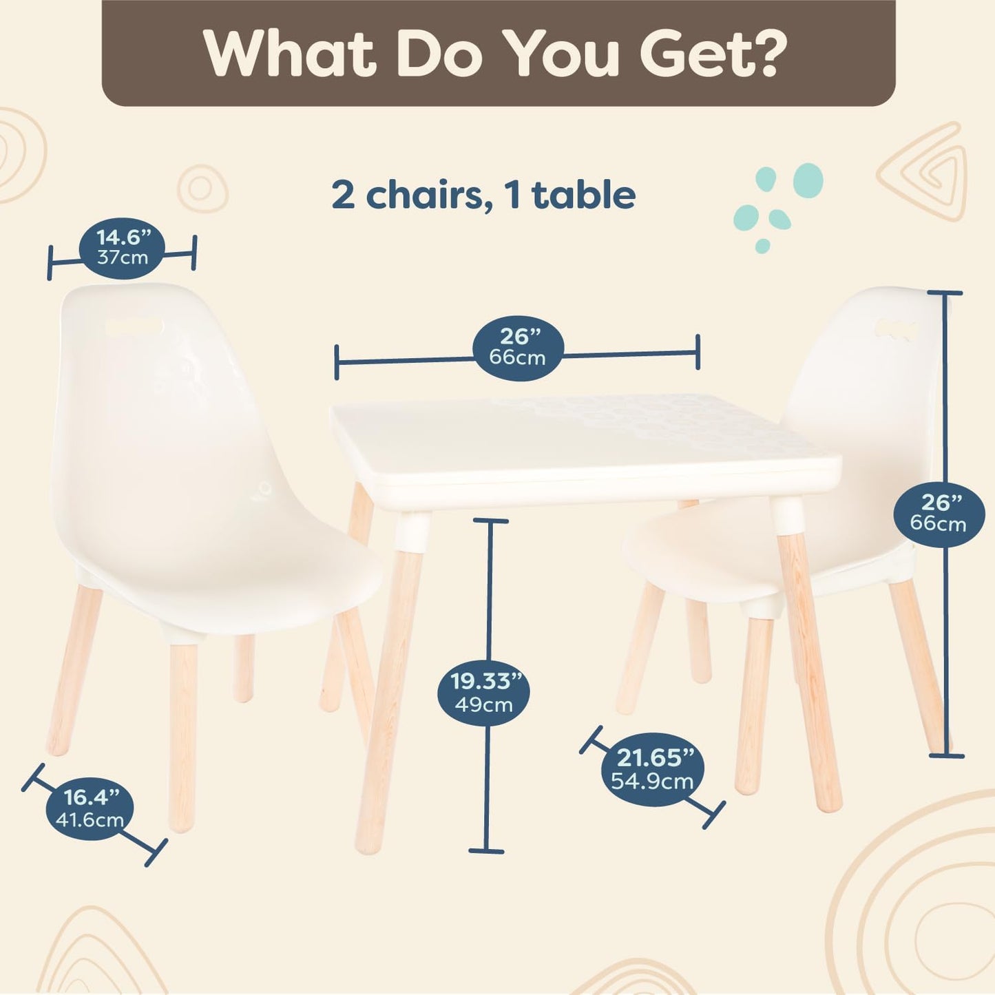 Table and Chair Set for Toddlers – 1 Craft Table & 2 Chairs, Natural Wooden Legs, Ivory, 3+ Years