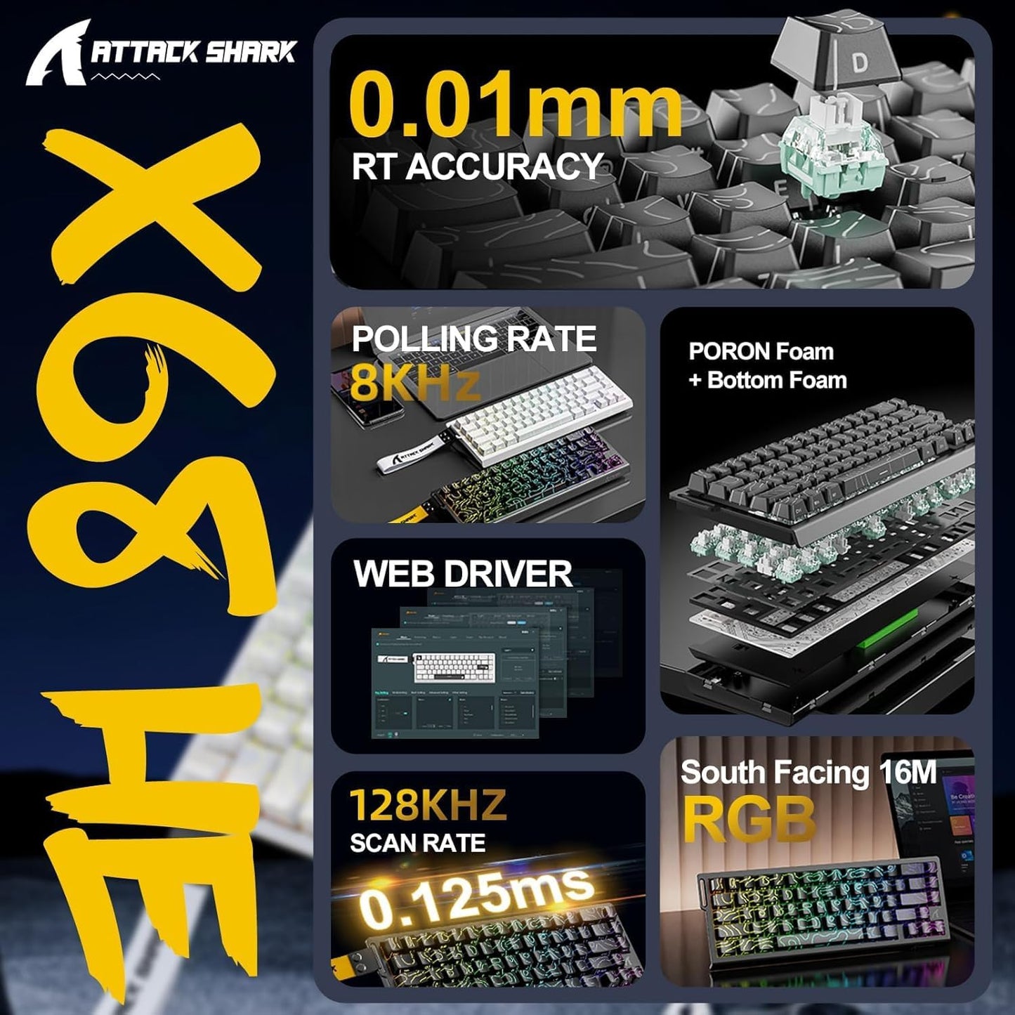 X68 HE 8000Hz Rapid Trigger Magnetic Gaming Keyboard – 0.01mm RT, RGB, 60% - Moonlight