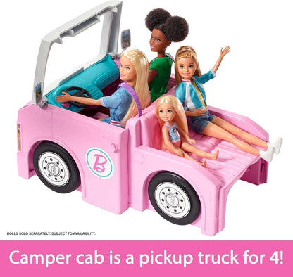 Barbie 3-in-1 DreamCamper Vehicle, approx. 3-ft, Transforming Camper with Pool, Truck, Boat and 60 Accessories, Great Toy for 3 to 7 Year Olds