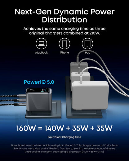 Anker Prime USB C, 160W 3-Port GaN Phone Charger, 140W Max Single-Port Charging for MacBook Pro, Laptop, iPhone 17 Series