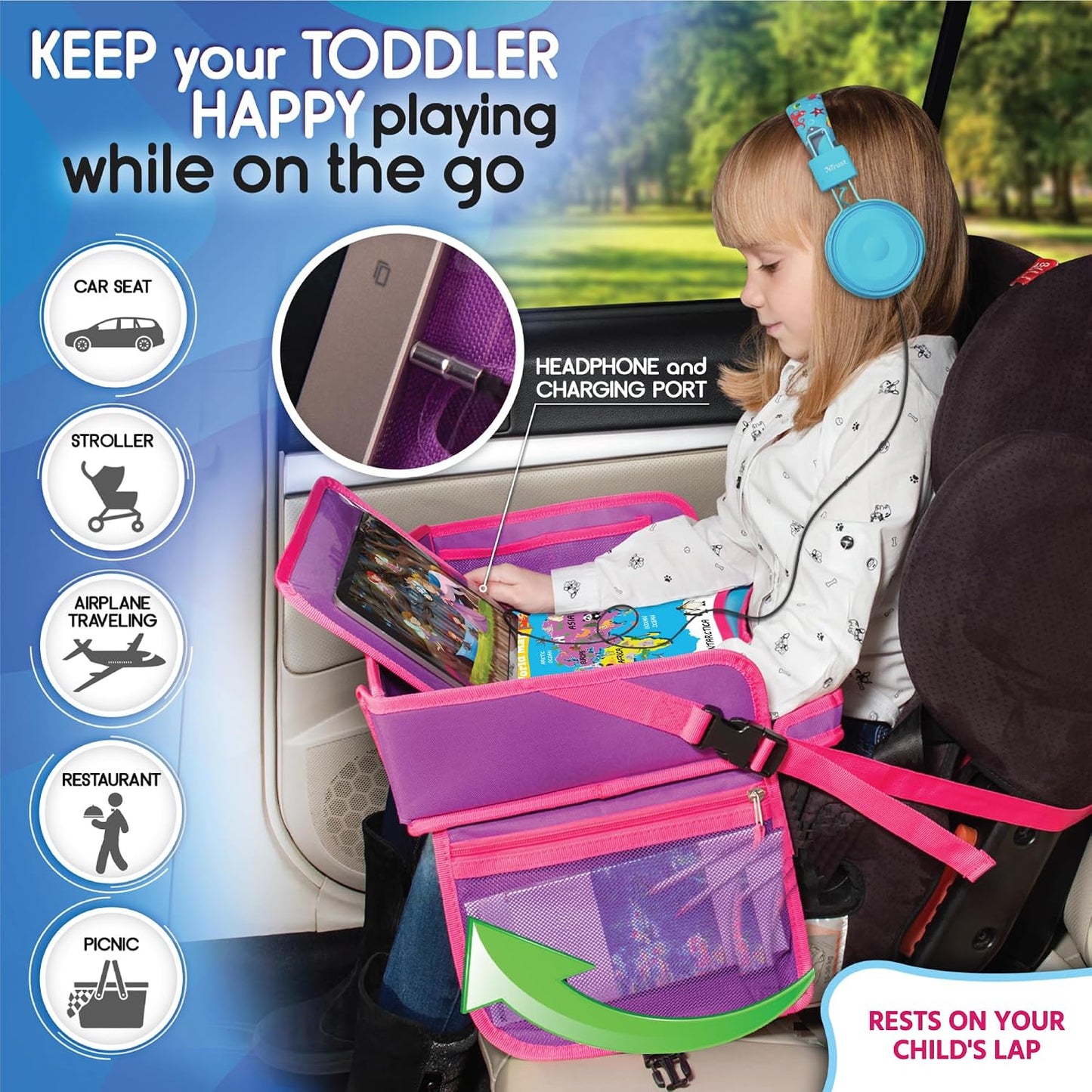 Toddler & Kids Travel Tray for Car Seats and Airplanes - Essential Lap Desk for Road Trips and Activities