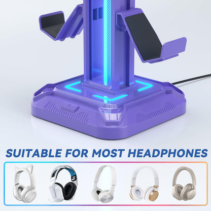Headset Stand with Phone Holder & Controller Mount, 9 Light Modes, USB Charging Ports, Rotatable Headphone Hanger, Gaming PC Accessories Storage Hook (Black)