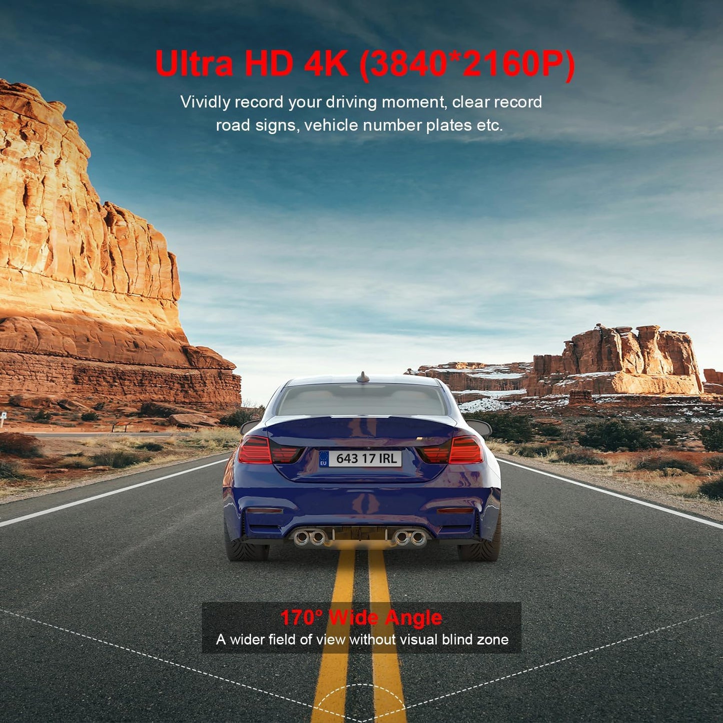 4K Dash Cam with WiFi & 64GB SD Card – Ultra HD 2160P Car Camera with WDR, Night Vision, Parking Mode, G-Sensor, Loop Recording