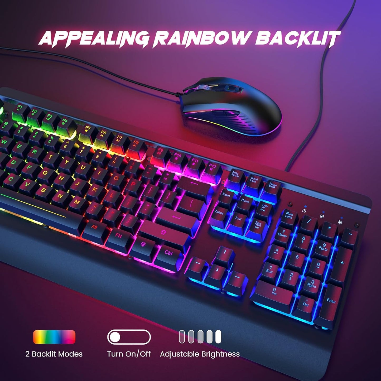 Gaming Keyboard and Mouse Combo, 104 Keys All-Metal Panel Light Up Silent Computer Keyboard, Wrist Rest, LED Backlit 4200 DPI Gaming Mouse, Wired Keyboard Mouse Set for PC MAC Xbox Gamer