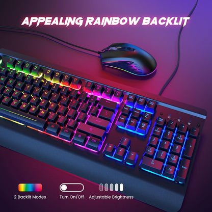 Gaming Keyboard and Mouse Combo, 104 Keys All-Metal Panel Light Up Silent Computer Keyboard, Wrist Rest, LED Backlit 4200 DPI Gaming Mouse, Wired Keyboard Mouse Set for PC MAC Xbox Gamer