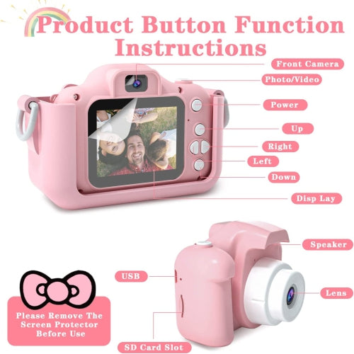 Cat Camera Toy for Kids, Digital Camera with 2.0 Inch Display, 100° angle lens, 3 puzzle games, 28 frames and 6 kinds of filters, HD Video Camera with 32GB SD Card.
