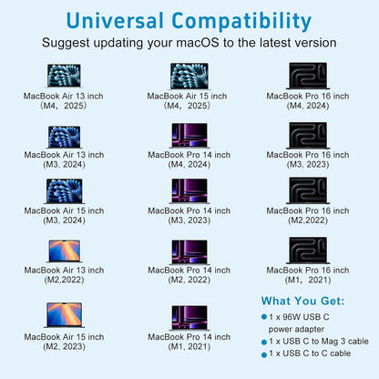 MacBook Pro Charger 96W/70W USB-C to MagSafe 3 Power Adapter