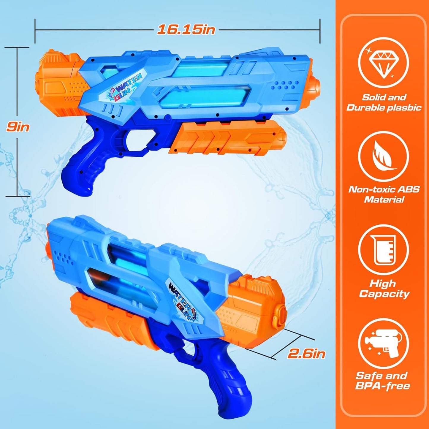 2-Pack Super Water Guns 1200CC High Capacity Water Blasters for Kids & Adults