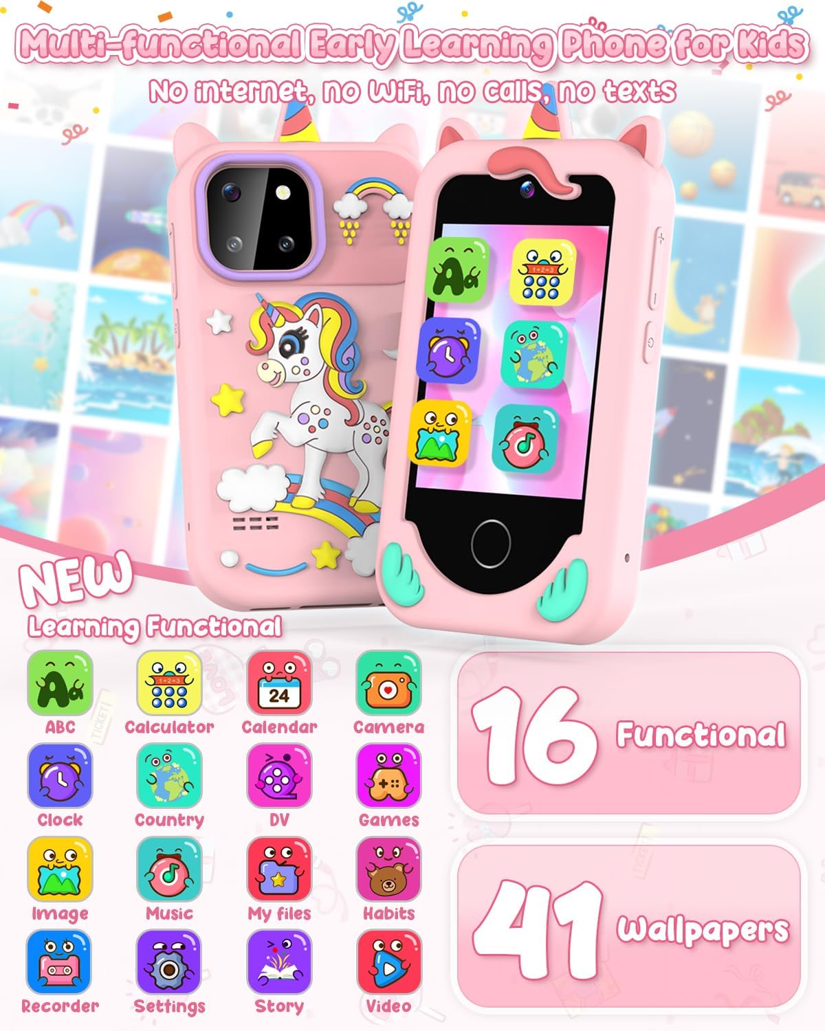 Kids Smart Phone Toy Pink for Girls 3-8 Years Old. Toddler Unicorn Gifts, Educational games, Dual cameras, MP3 Music Player, and touchscreen pretend play. Toddler Birthday Gifts