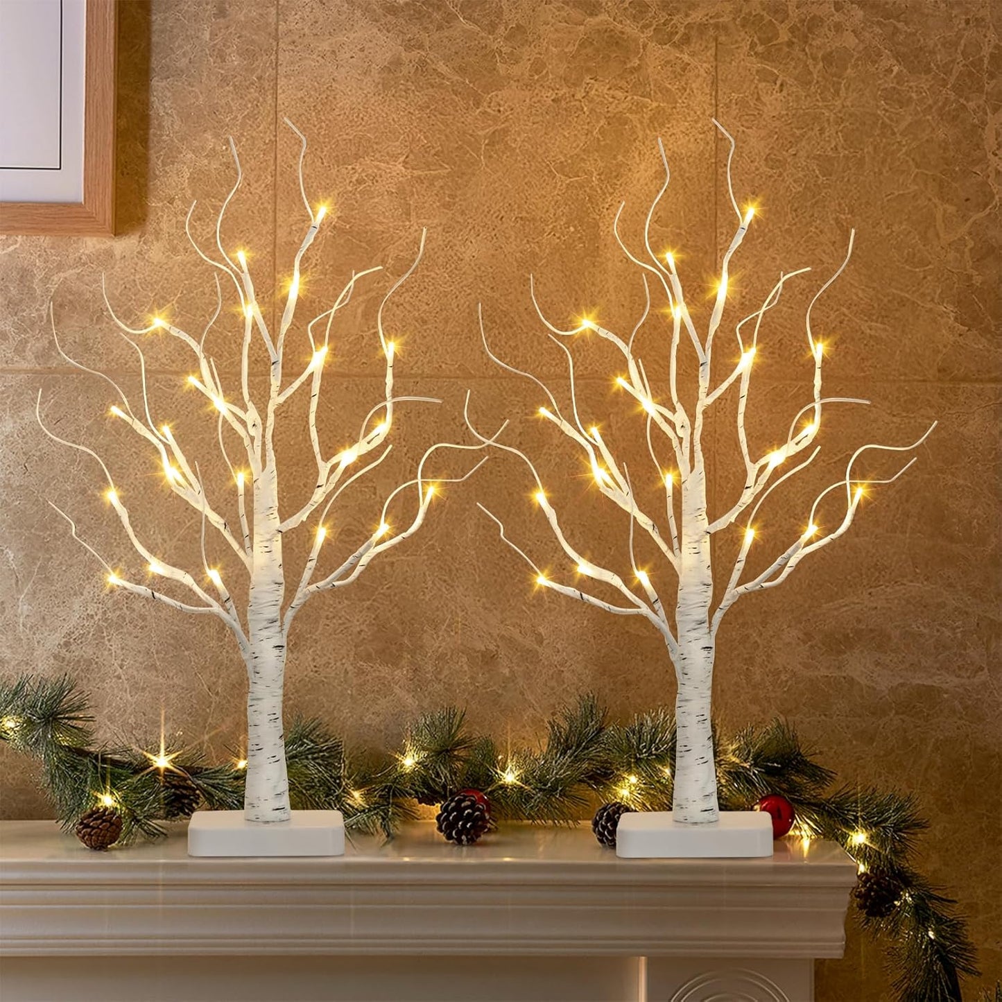 2-Pack 22" Lighted Birch Trees with Timer – Warm White LED Tabletop Christmas Decorations