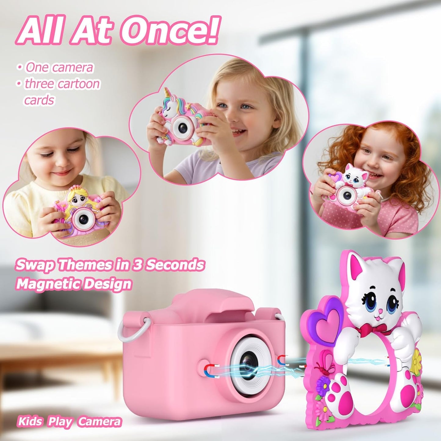 Kids Camera with 3 Magnetic Covers (Princess/Unicorn/Cat), HD Selfie Video, Christmas Gift for Girls 3–5, 32GB SD Card