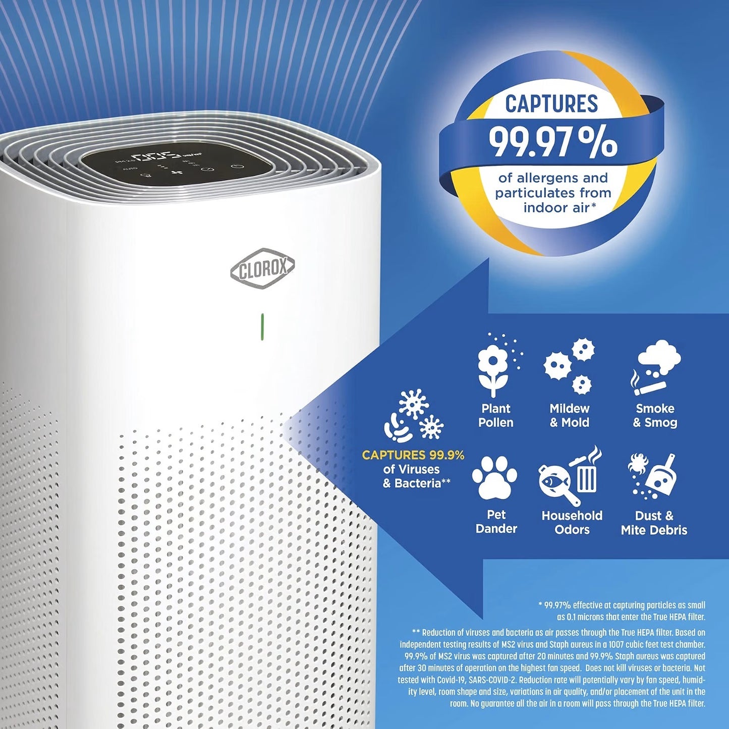 Clorox Large Room Air Purifier with True HEPA Filter, 1,500 Sq. Ft., Auto Mode & Air Quality Sensor