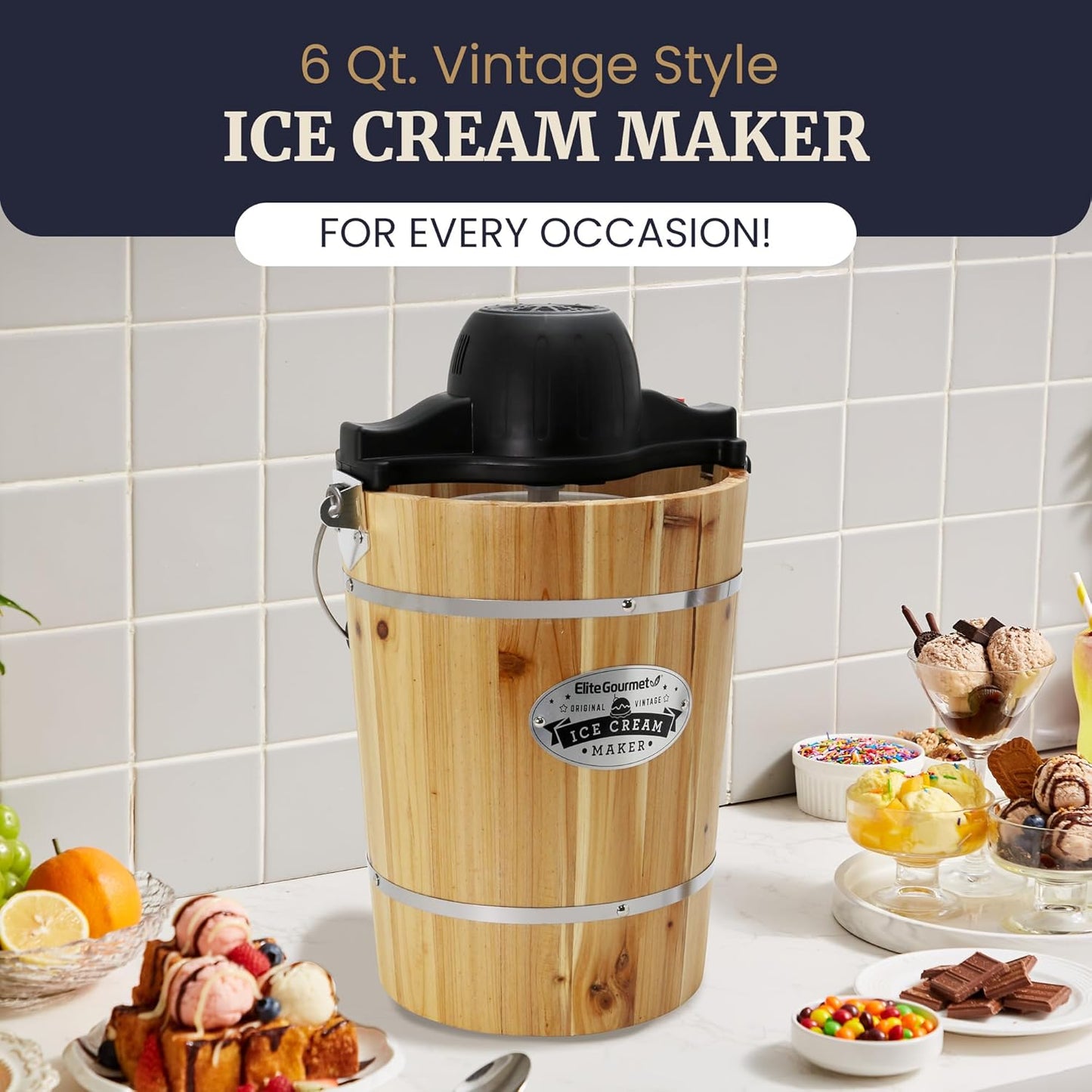 Elite Gourmet Old Fashioned 6 Quart Vintage Wood Bucket Electric Maker Machine