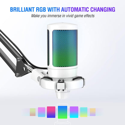 Fifine RGB Gaming USB Microphone Kit – Cardioid Condenser Mic with Boom Arm, Mute Button & Shock Mount for Streaming, PC, PS5, YouTube, Music Recording