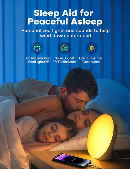 Sunrise Alarm Clock Wake Up Light, Dekala Alarm Clocks for Bedrooms, Sunrise Simulation, Noise Sound Machine, Sleep Mode, Dual Alarms, FM Radio, Snooze, 15 Smoothing Sounds