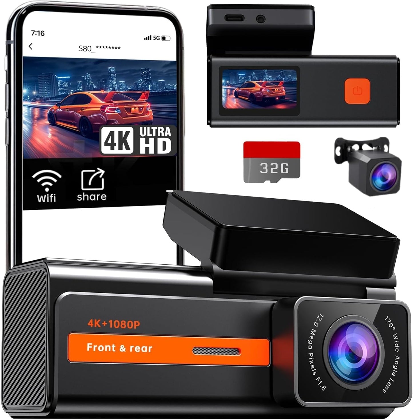 ULTRENDS 4K Dual Dash Cam Front and Rear with 1.47" Display, Wi-Fi Car Camera with 64GB Card, G-Sensor, App Control, and 24H Parking Monitor