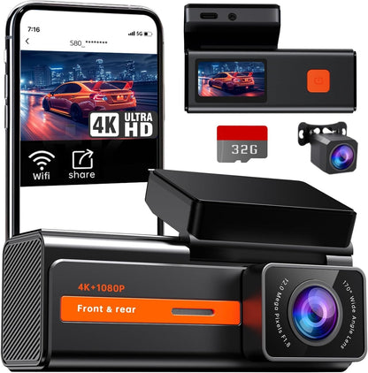 ULTRENDS 4K Dual Dash Cam Front and Rear with 1.47" Display, Wi-Fi Car Camera with 64GB Card, G-Sensor, App Control, and 24H Parking Monitor