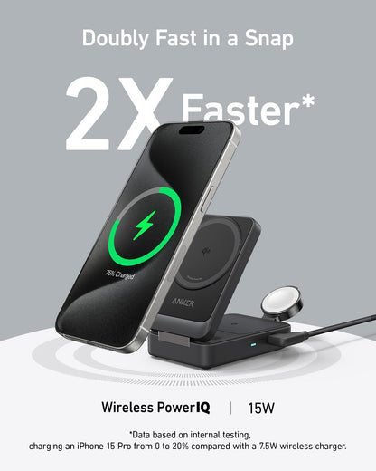 Anker MagGo 3 in 1 iPhone 17 Charging Station, MagSafe-Compatible Wireless Charger Stand, Qi2 Certified 15W Foldable Charger for iPhone 17/16/15/14/13/12, AirPods, Apple Watch Ultra(Adapter Included)