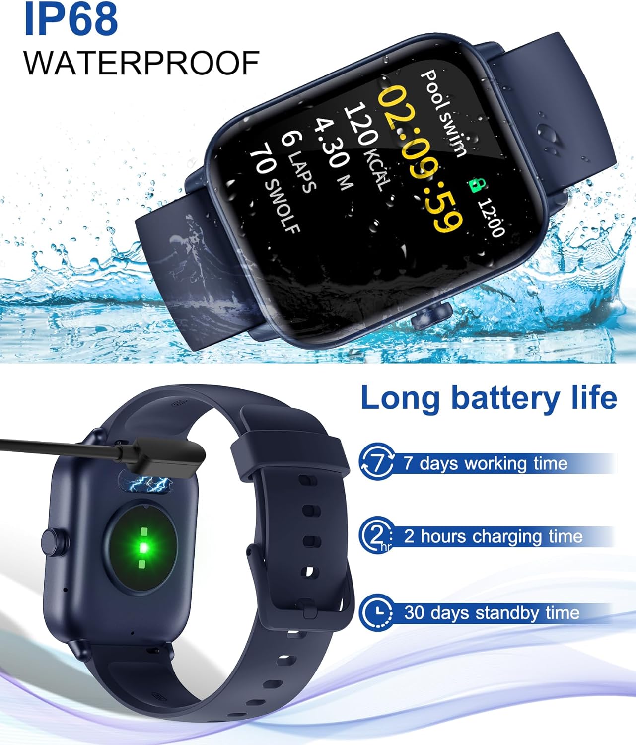 Gleam Up Smart Watch - Fitness Tracker, Heart Rate Monitor, IP68 Waterproof (Blue)