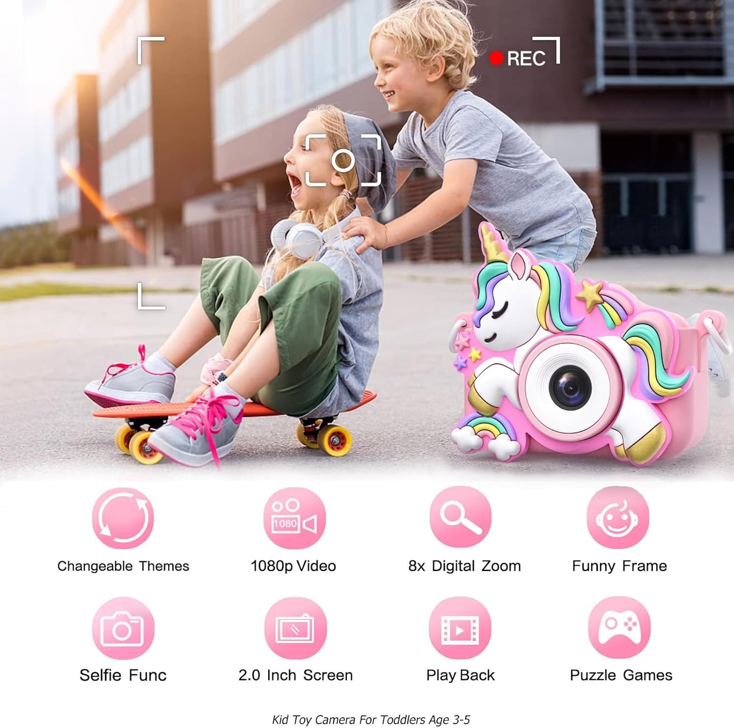 Kids Camera with 3 Magnetic Covers (Princess/Unicorn/Cat), HD Selfie Video, Christmas Gift for Girls 3–5, 32GB SD Card
