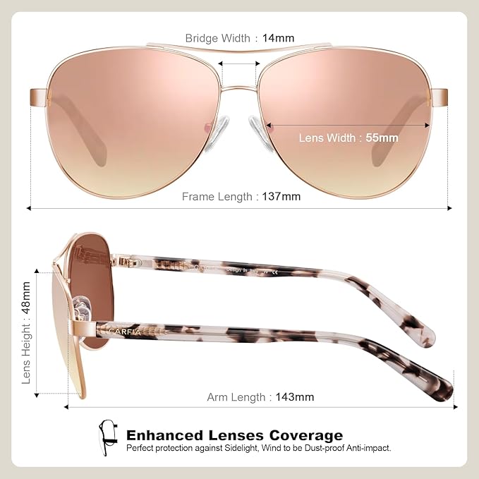 CARFIA Polarized Womens Sunglasses UV Protection Classic Pilot Sun Glasses Nickel-free Safety Metal Frame CA3216 Pink Mirror