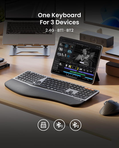 EK01 Plus Wireless Ergonomic Keyboard with Backlight, Split Design, Wrist Rest, USB-C Rechargeable, Multi-Device Bluetooth & USB