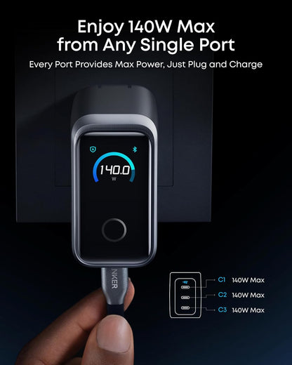 Anker Prime USB C, 160W 3-Port GaN Phone Charger, 140W Max Single-Port Charging for MacBook Pro, Laptop, iPhone 17 Series