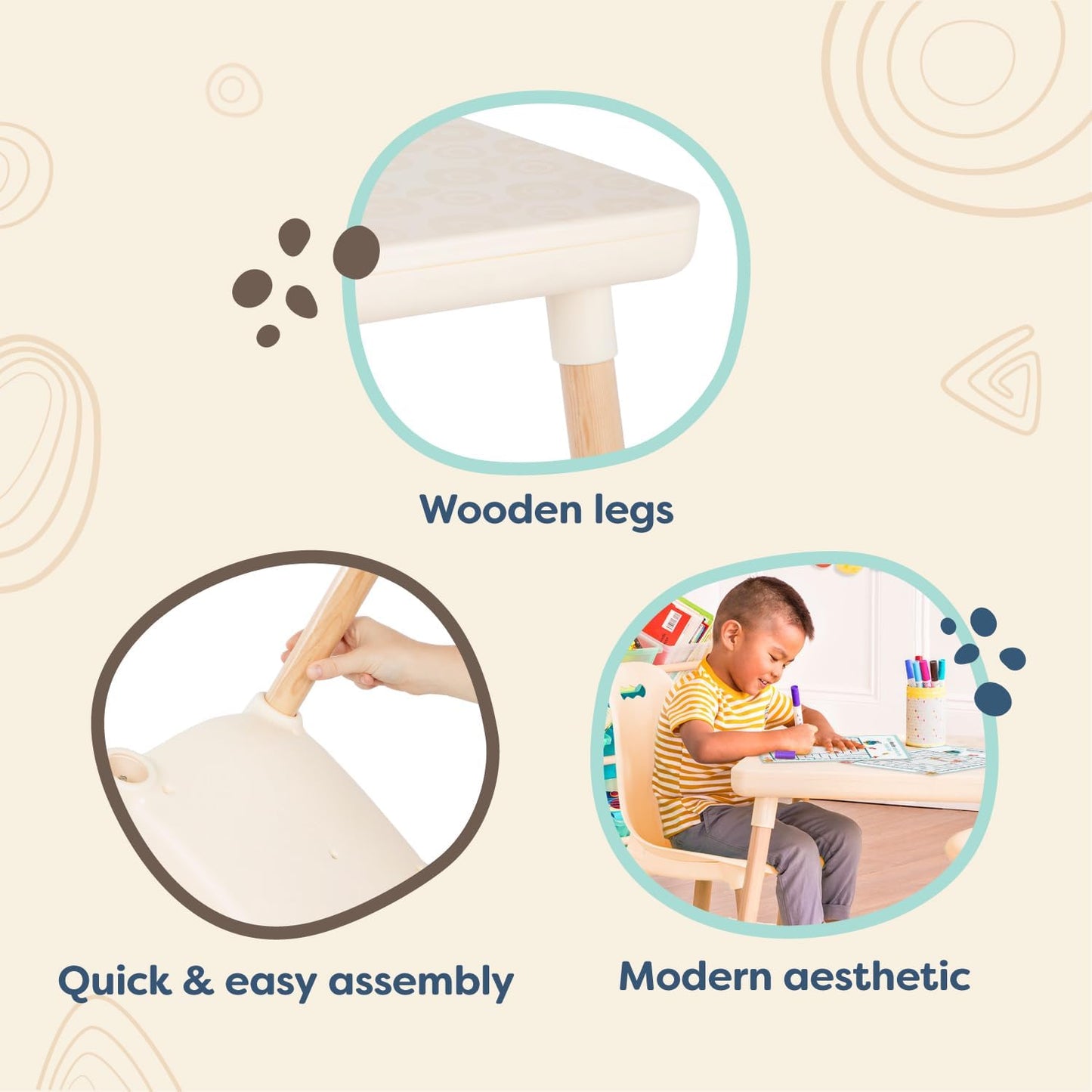 Table and Chair Set for Toddlers – 1 Craft Table & 2 Chairs, Natural Wooden Legs, Ivory, 3+ Years