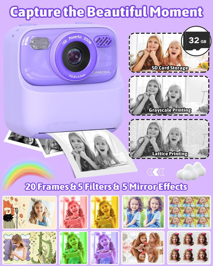 Kids Instant Print Camera, Digital Photo & HD Video, Fun Gift for Girls Boys 3-12 (Purple)