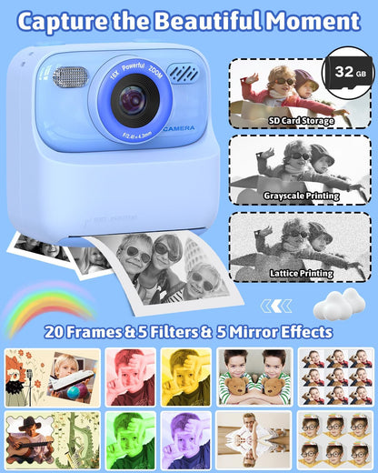 Kids Instant Print Camera, Digital Photo & HD Video, Fun Gift for Girls Boys 3-12 (Blue)