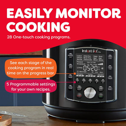 Instant Pot Pro 10-in-1 Pressure Cooker, Slow Cooker, Rice/Grain Cooker, Steamer, Sauté, Sous Vide, Yogurt Maker, Sterilizer, and Warmer, Includes App With Over 800 Recipes, Black, 6 Quart