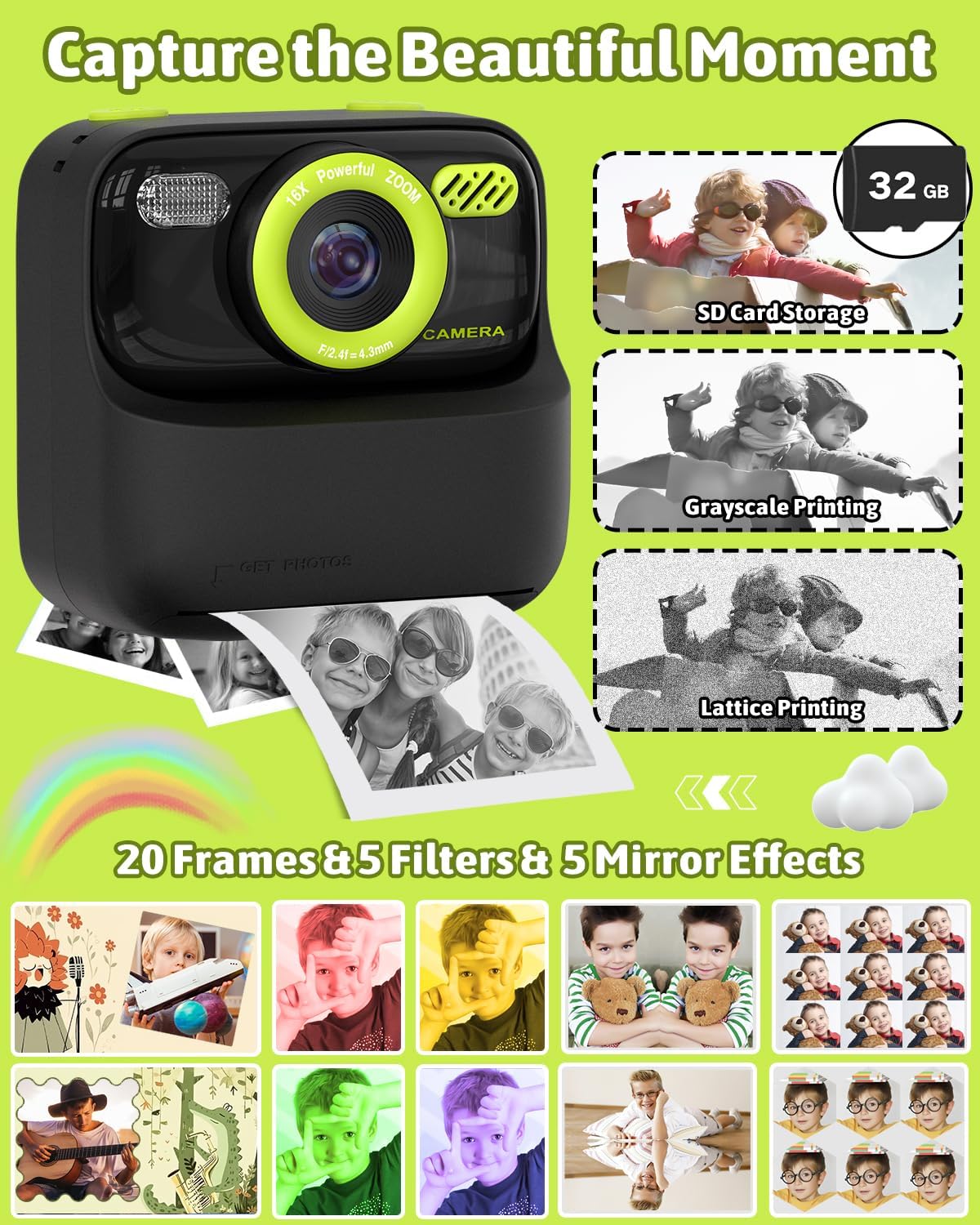 Kids Instant Print Camera, Digital Photo & HD Video, Fun Gift for Girls Boys 3-12 (Black)