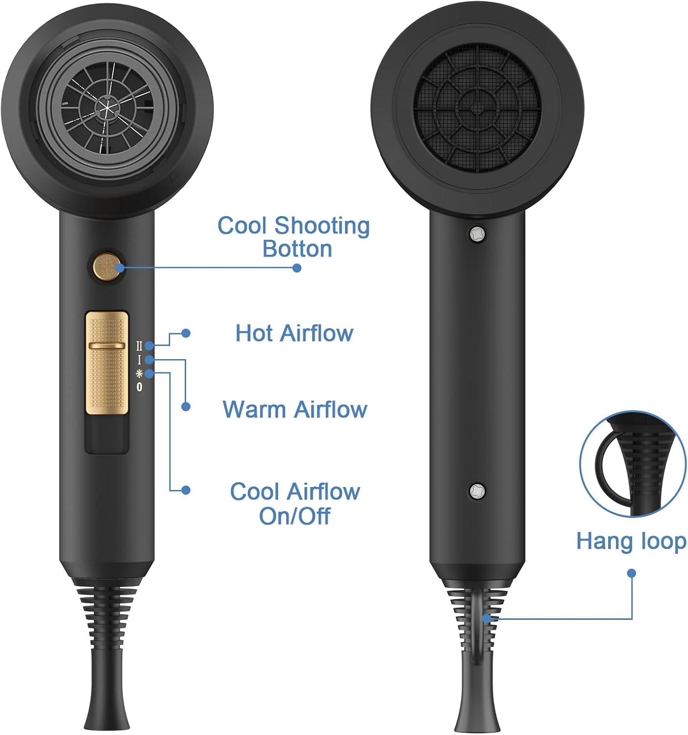 Professional 1800W Ionic Hair Dryer with Diffuser & Concentrators - Black & Gold