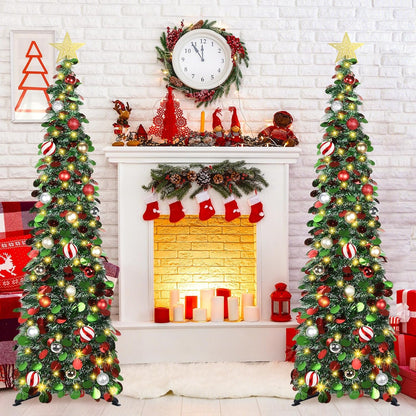 5FT Pop Up Christmas Tree with Timer LED Lights, 24 Ornaments & Star Topper  –  Collapsible Tinsel Pencil Tree for Home or Office