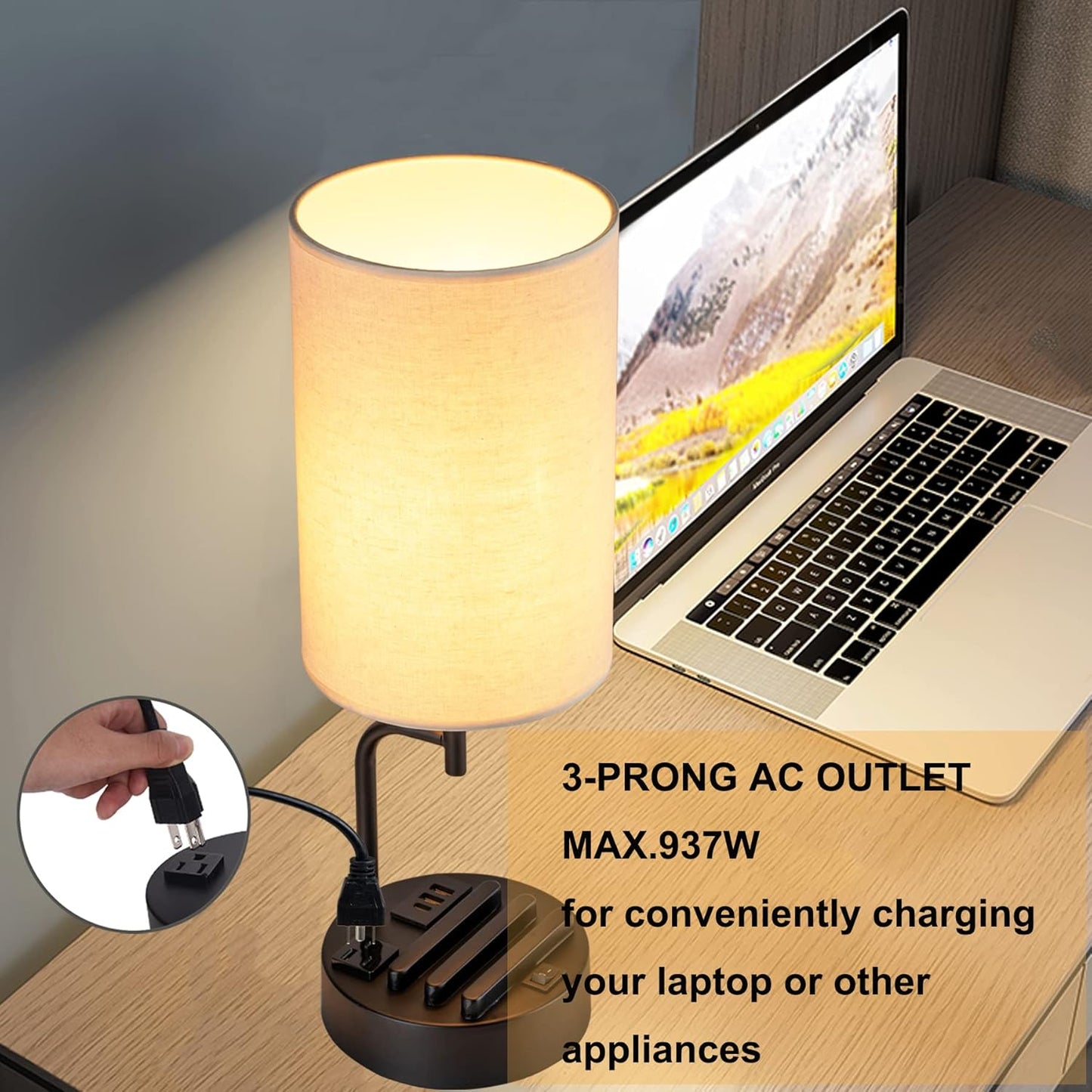 Bedside Table Lamp Set (2-Pack) with USB Ports & AC Outlet